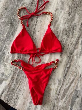 Red Chain-Detail Triangle Bikini Set